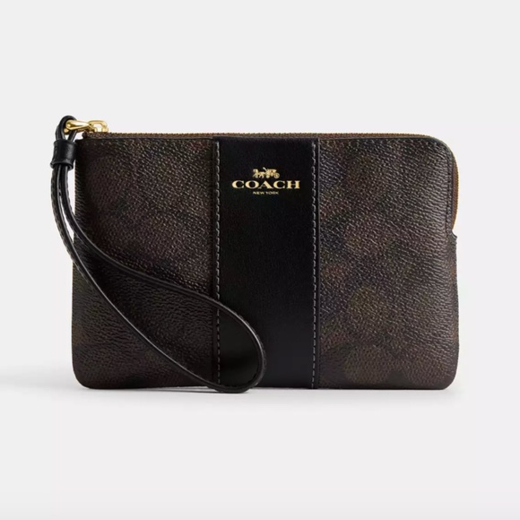 NEW Coach Small Corner Zip Wristlet Signature Canvas With Stripe Brown / Black - Picture 3 of 8